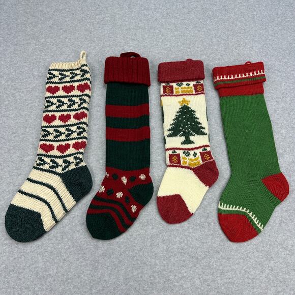 VTG Wool Knit Set of 4 Christmas Stockings Green Red White Fair Isle Cabincore - Picture 7 of 16